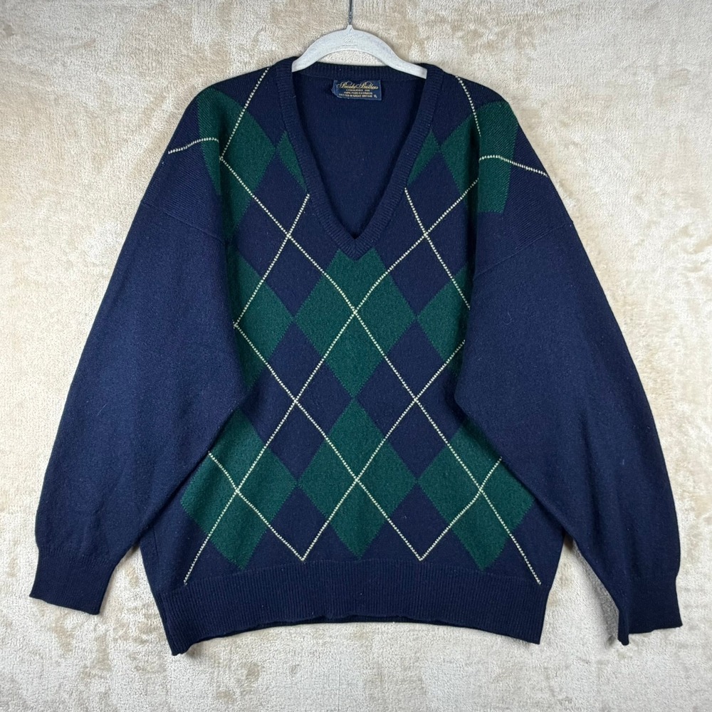 Brooks Brothers Cashmere Argyle V-Neck Sweater Mens XL Navy Green Made in UK